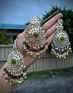 Mehndi green Earrings and Tikka set in Mirror