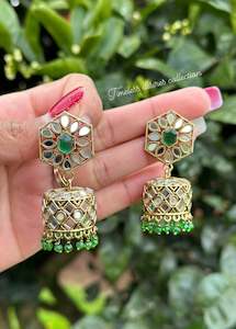C Green Colour Jewellery Options: Green Jhumka earrings in mirror