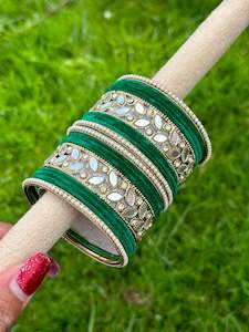 C Green Colour Jewellery Options: Green Bangles set in mirror with pearls ( set of both hands )