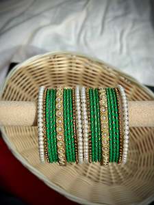 C Green Colour Jewellery Options: Green Pearl loaded bangles set ( both hands )