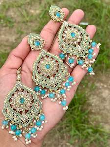 Sky blue earrings with tikka - J11