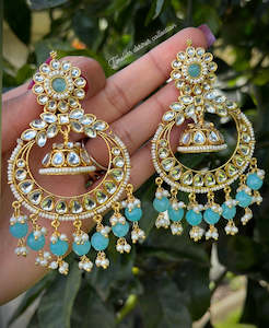 C Sky Blue Colour Jewellery Options: Sky blue Jhumka drop earrings in Kundan