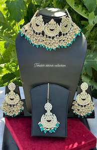 C Sky Blue Colour Jewellery Options: Sky blue or light blue pearl loaded choker / necklace set in Kundan