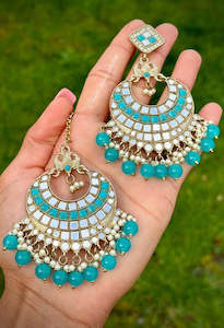 Sky blue earrings and tikka set in mirror