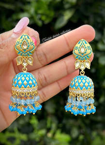 Sky blue Jhumka earrings in Meenakari with gold plating