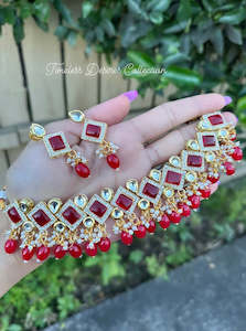 C Red Colour Jewellery Options: Red Choker / necklace set in Monalisa with Kundan
