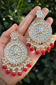 C Red Colour Jewellery Options: Red pearl loaded earrings in kundan