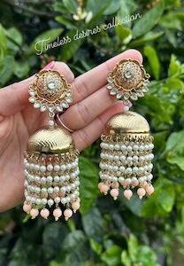 Pearl Drop Jhumka earrings in Peach colour