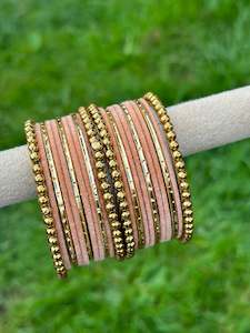 C Peach Colour Jewellery Options: Peach velvet bangles set with golden beaded kangan’s