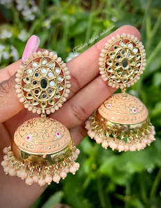 Peach Jhumka earrings in Meenakari with mirror