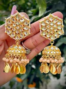C Peach Colour Jewellery Options: Peach Jhumka earrings in Kundan with Pipal Patti