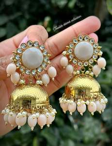 C Peach Colour Jewellery Options: Peach kundan Jhumka earrings on sold copper base ( high quality )