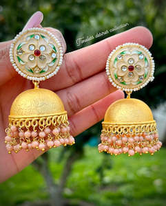 C Peach Colour Jewellery Options: Peach Meenakari Jhumka earrings in 22 KT gold plating ( high quality )