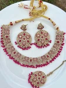 Pink necklace set with earrings and tikka- J25