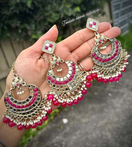 Hot pink earrings and tikka set in mirror