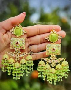( Item code E-1 )Mint green Jhumka earrings in meenakari with 22 KT gold plating