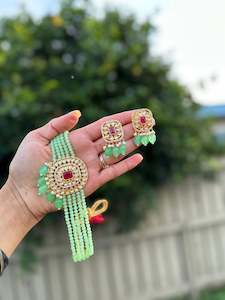 Mint Green Colour Jewellery Options: Pista colour choker / necklace set with studs