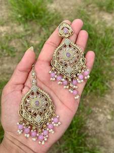 Baby pink earrings with tikka - J9