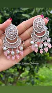 C Baby Pink Colour Jewellery Options: Baby pink earrings in silver with polki