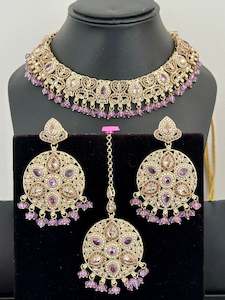 C Purple Colour Jewellery Options: Lavender colour necklace set with earrings and tikka- J25