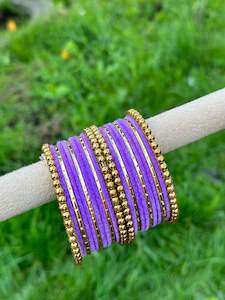 C Purple Colour Jewellery Options: Lavender Purple velvet bangles set with golden beaded kangan’s