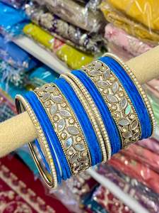 C Blue Colour Jewellery Options: Blue Bangles set in mirror with pearls ( set of both hands )