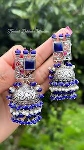 Blue Jhumka drop earrings in silver with Monalisa