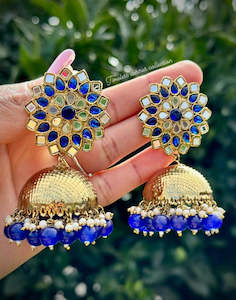 C Blue Colour Jewellery Options: Blue Jhumka earrings in mirror with matt solid copper base ( high quality )