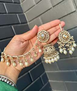 C Golden Colour Jewellery Options: Bahubali jhumka earrings with tikka, Code: E21