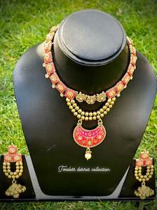 A Gold Plated Jewellery Options: Red Gold plated necklace set in Meenakari with Bell sound earrings in Antique look