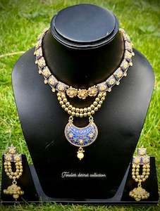 A Gold Plated Jewellery Options: Blue Gold plated necklace set in Meenakari with bell sound Jhumka earrings