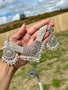 Silver necklace set with earrings and tikka- J26