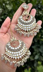 Grey Collection: Grey earrings with tikka set in mirror