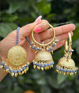 Grey Collection: Grey Jhumka waliya earrings with Tikka in pipal patti in traditional jewellery