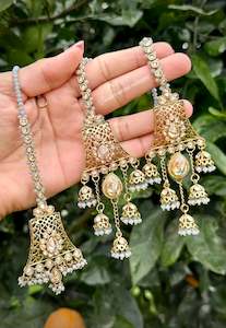Grey Collection: Grey Jhumka drop earrings and tikka set in reverse AD ( high quality of Polki )