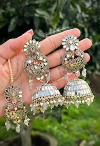 Grey Collection: Grey long earnings and tikka set in mirror