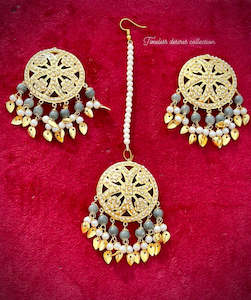 Grey Collection: Grey earrings with tikka in Jadau with pipal patti