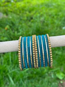 Peacock colour velvet bangles set with golden beaded kangan’s