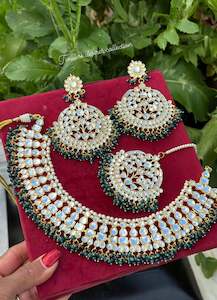 Peacock green Necklace / choker set in Kundan with oversized earrings and tikka &hellip;