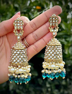 Peacock colour long pearl loaded Jhumka earrings in Kundan
