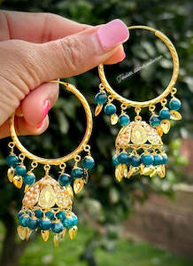 Peacock Colour Jewellery Options: Peacock Jhumka waliya earrings with pipal Patti in Jadau