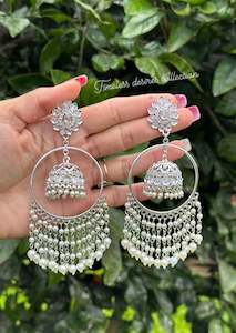 Waliya Collection: Silver pearl drop Jhumka waaliya in polki ( reverse AD )
