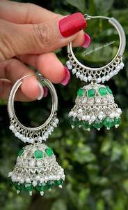 Green colour jhumka Waliya earrings in polki in silver polish