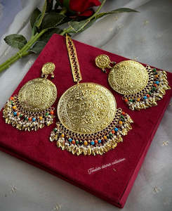 Clearance Sale: Multi coloured oversized earrings and tikka set in Punjabi traditional jewellery