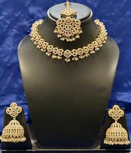 Necklace Sets: Necklace set with earrings and tikka in polki, Colour: Baby pink, Code: 079