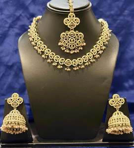 Necklace set with earrings and tikka in polki, Colour: Golden, Code: 078