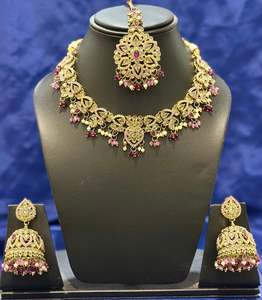 Necklace Sets: Necklace set with earrings and tikka in polki, Colour: Purple, Code: 083