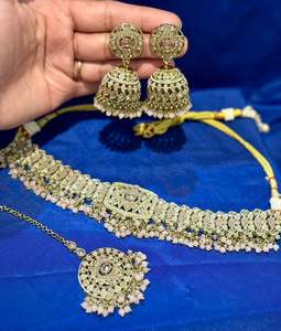 Necklace Sets: Necklace set with earrings and tikka in polki, Colour: Baby pink, Code: 089