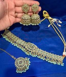Necklace Sets: Necklace set with earrings and tikka in polki, Colour: Mint, Code: 087