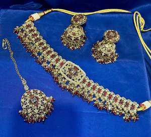 Necklace Sets: Necklace set with earrings and tikka in polki, Colour: Maroon, Code: 113